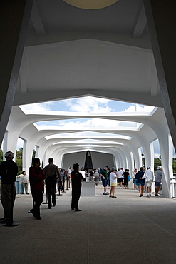 Group of people in a memorial building, USS Arizona Memorial, Pearl Harbor, Honolulu, Oahu, Hawaii Islands, USA