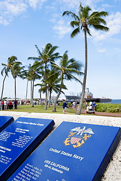 Memorial plaques in a park, Pearl Harbor, Honolulu, Oahu, Hawaii Islands, USA