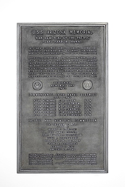 Close-up of a memorial plaque, USS Arizona Memorial, Pearl Harbor, Honolulu, Oahu, Hawaii Islands, USA