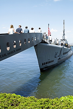 Group of people boarding on a military ship, USS Bowfin, Pearl Harbor, Honolulu, Oahu, Hawaii Islands, USA