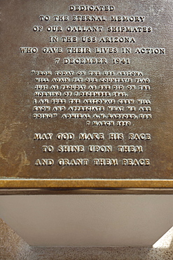 Close-up of a memorial plaque, USS Arizona Memorial, Pearl Harbor, Honolulu, Oahu, Hawaii Islands, USA