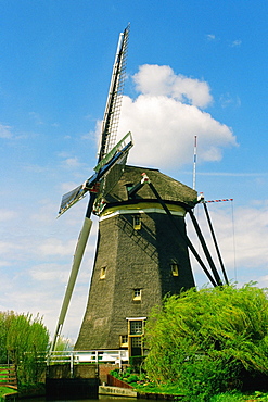 Low angle view of a traditional windmill, Leiden, Netherlands