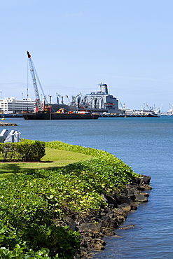 Military ship and a crane at a commercial dock, Pearl Harbor, Honolulu, Oahu, Hawaii Islands, USA