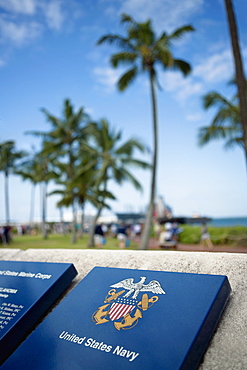 Close-up of a memorial plaque, Pearl Harbor, Honolulu, Oahu, Hawaii Islands, USA