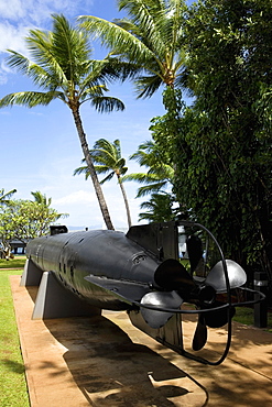 Torpedo sculpture in a park, Pearl Harbor, Honolulu, Oahu, Hawaii Islands, USA