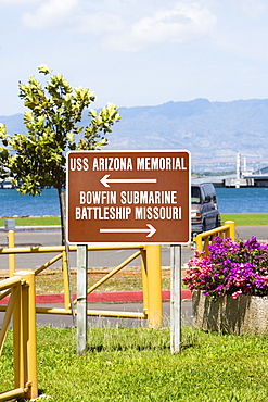 Information board at a museum, Pearl Harbor, Honolulu, Oahu, Hawaii Islands, USA