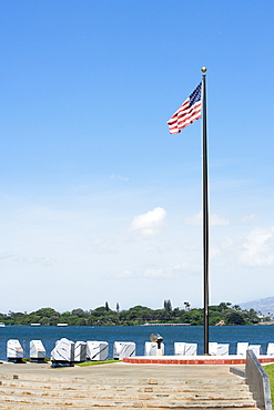 American flag fluttering at the seaside, Pearl Harbor, Honolulu, Oahu, Hawaii Islands, USA