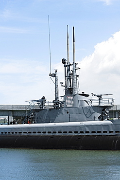 Military ship near a bridge, USS Bowfin, Pearl Harbor, Honolulu, Oahu, Hawaii Islands, USA