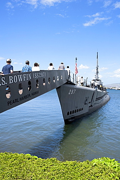 Group of people boarding on a military ship, USS Bowfin, Pearl Harbor, Honolulu, Oahu, Hawaii Islands, USA