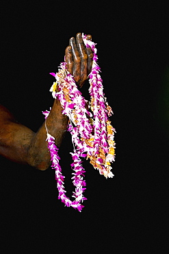 Close-up of garlands on a statue, Duke Kahanamoku Statue, Waikiki Beach, Honolulu, Oahu, Hawaii Islands, USA