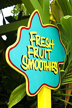 Close-up of an information board attached with a pole of a restaurant, Pololu Valley, Kohala, Big Island, Hawaii Islands, USA