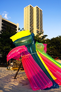 Pool rafts on the beach, Waikiki Beach, Honolulu, Oahu, Hawaii Islands, USA