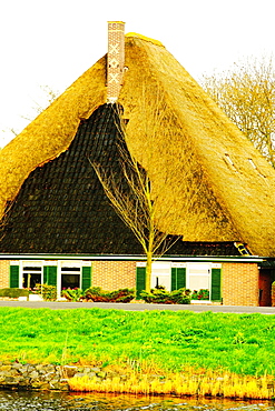 Lawn in front of a thatched roof house, Petten, Netherlands