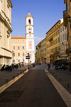 Low angle view of bell tower of a church, Nice, France