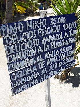 Close-up of a menu board, Providencia, Providencia y Santa Catalina, San Andres y Providencia Department, Colombia