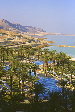 High angle view of a tourist resort at the coast, Dead Sea, Israel