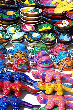 High angle view of ceramics turtles and ceramics bowls, Cancun, Mexico