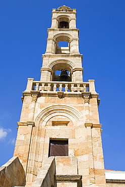 Low angle view of a bell tower, Panaghia Church, Lindos, Rhodes, Dodecanese Islands, Greece
