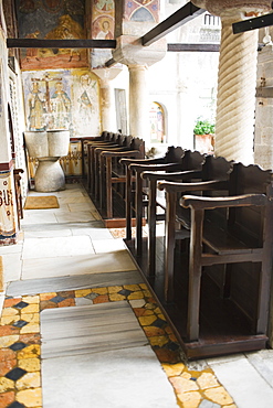 Pews in a church, Monastery of St. John the Divine, Patmos, Dodecanese Islands, Greece