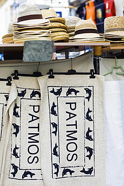 Close-up of souvenirs at a market stall, Patmos, Dodecanese Islands, Greece