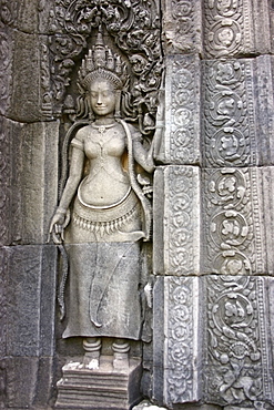 Close-up of a sculpture carved on the wall of a temple, Angkor Wat, Siem Reap, Cambodia