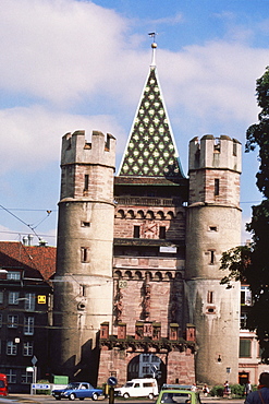 Cars in front of a building, City Gate, Basel, Switzerland