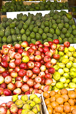 High angle view of assorted fruits at a market stall, Ica, Ica Region, Peru