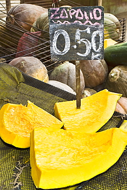 Close-up of pumpkins at a market stall, Ica, Ica Region, Peru