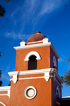 Low angle view of a clock tower, Hotel Mossone, Huacachina, Ica, Ica Region, Peru