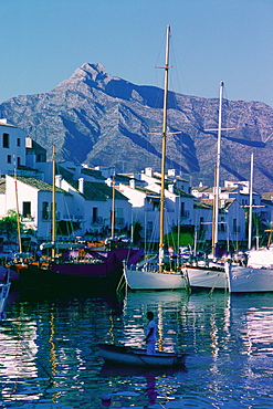 Yacht anchored in a harbor, Marbella, Andalusia, Spain