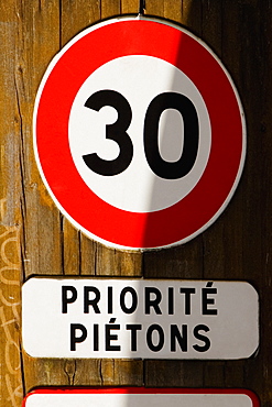 Close-up of a speed limit sign, Le Mans, France