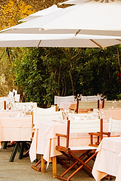 Chairs and tables at a restaurant, Italian Riviera, Portofino, Genoa, Liguria, Italy