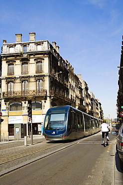 Cable car on tracks in a city, Vieux Bordeaux, Bordeaux, France