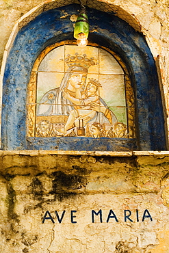 Low angle view of a painting of Ave Maria on the wall of a church, Positano, Salerno, Campania, Italy