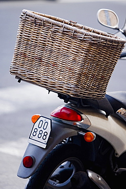 Wicker basket on a moped, Italian Riviera, Santa Margherita Ligure, Genoa, Liguria, Italy