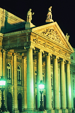 Building lit up at night, San Carlos Opera House, Lisbon, Portugal