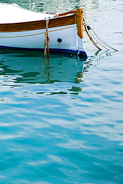 Boat moored in the sea, Italian Riviera, Mar Ligure, Santa Margherita Ligure, Genoa, Liguria, Italy