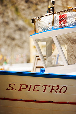 Close-up of text on a boat, Marina Grande, Capri, Sorrento, Naples Province, Campania, Italy