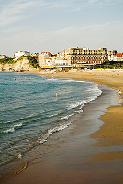 High angle view of waves on the beach, Grande Plage, Hotel du Palais, Biarritz, France