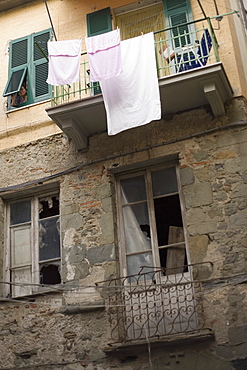 Clothes hanging to dry on a clothesline, Cinque Terre, La Spezia, Liguria, Italy