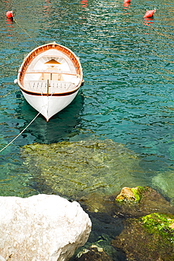 Boat moored in the sea, Cinque Terre National Park, RioMaggiore, Cinque Terre, La Spezia, Liguria, Italy