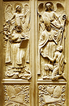 Bas relief on the door of a church, Chiesa Di Nostra Signora Della Consolazione, Genoa, Liguria, Italy