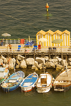 High angle view of tourist resorts, Marina Grande, Capri, Sorrento, Sorrentine Peninsula, Naples Province, Campania, Italy