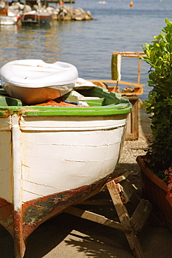 Boat moored at the seaside, Marina Grande, Capri, Sorrento, Sorrentine Peninsula, Naples Province, Campania, Italy