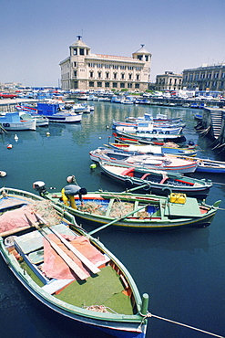 High angle view of boats moored at a harbor, Siracusa, Sicily, Italy