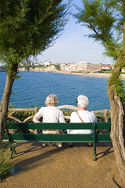 Rear view of a couple sitting on a bench, Grande Plage, Hotel du Palais, Biarritz, France