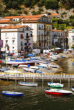 High angle view of boats at a harbor, Marina Grande, Capri, Sorrento, Sorrentine Peninsula, Naples Province, Campania, Italy