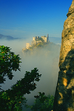 High angle view of a fort overcast by fog, Durnstein, Wachau, Austria