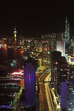 High angle view of skyscrapers lit up at night