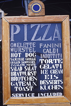 Close-up of a menu board, Italy